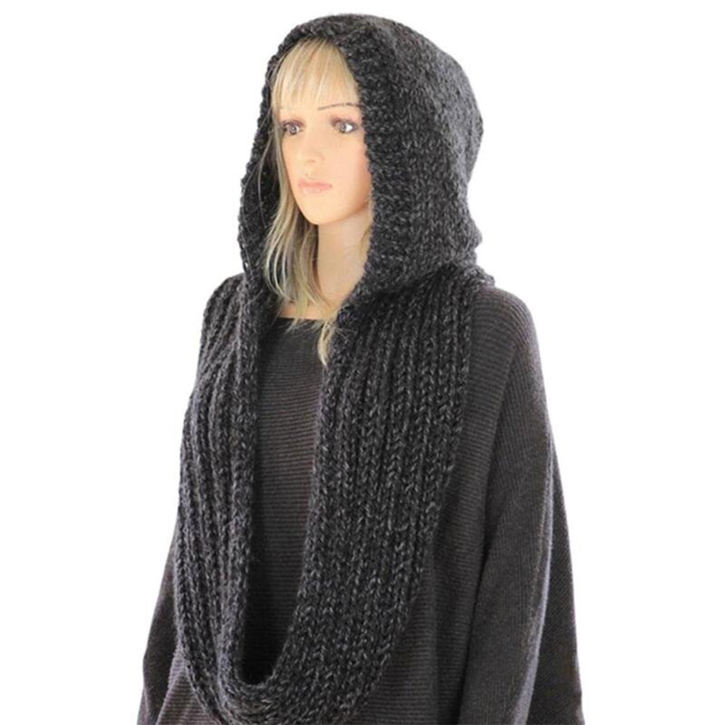 Capucha de punto de ganchillo para mujer, bufanda infinita a prueba de viento, chal largo cálido, envoltura de Color sólido, calentador de cuello: Negro