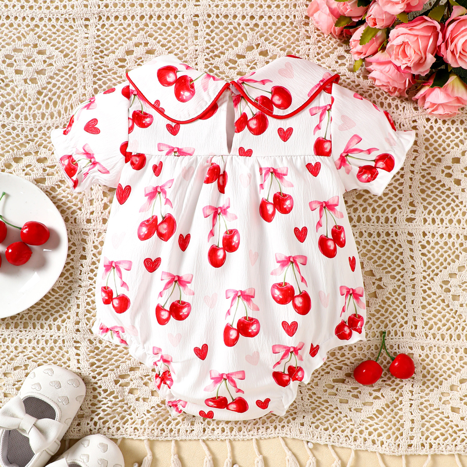 Body de verano 2025 para niñas, mono infantil bordado con estampado de cereza dulce, ropa de una pieza de manga corta con solapa para niños pequeños