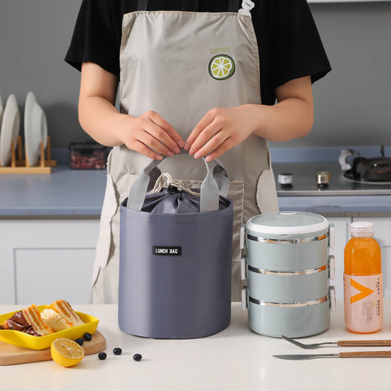 Large Capacity Portable Lunch Bag Fresh-keeping Cylindrical Insulated Lunch Box Round Aluminum Foil Food Thermal Cooler Tote