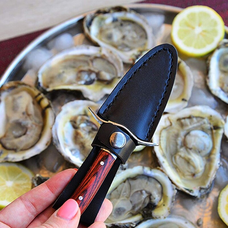 Træhåndtag østersknive åbner rustfrit stål kammuslingskalskydningskutter med læderetui til skaldyrsåbningsværktøjer