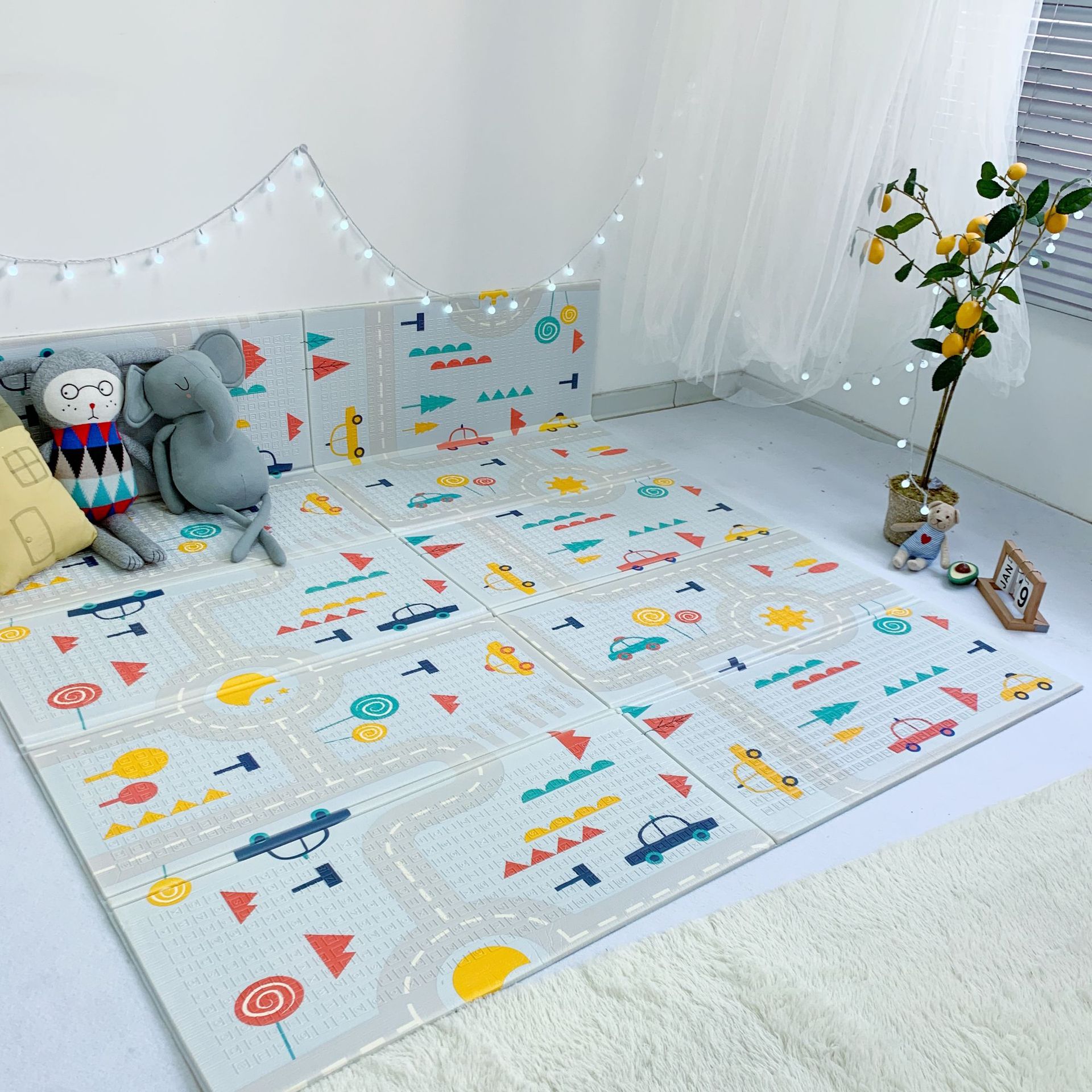 Alfombra de juego Reversible para bebé, estera de gateo de doble cara, plegable, impermeable, portátil, suave