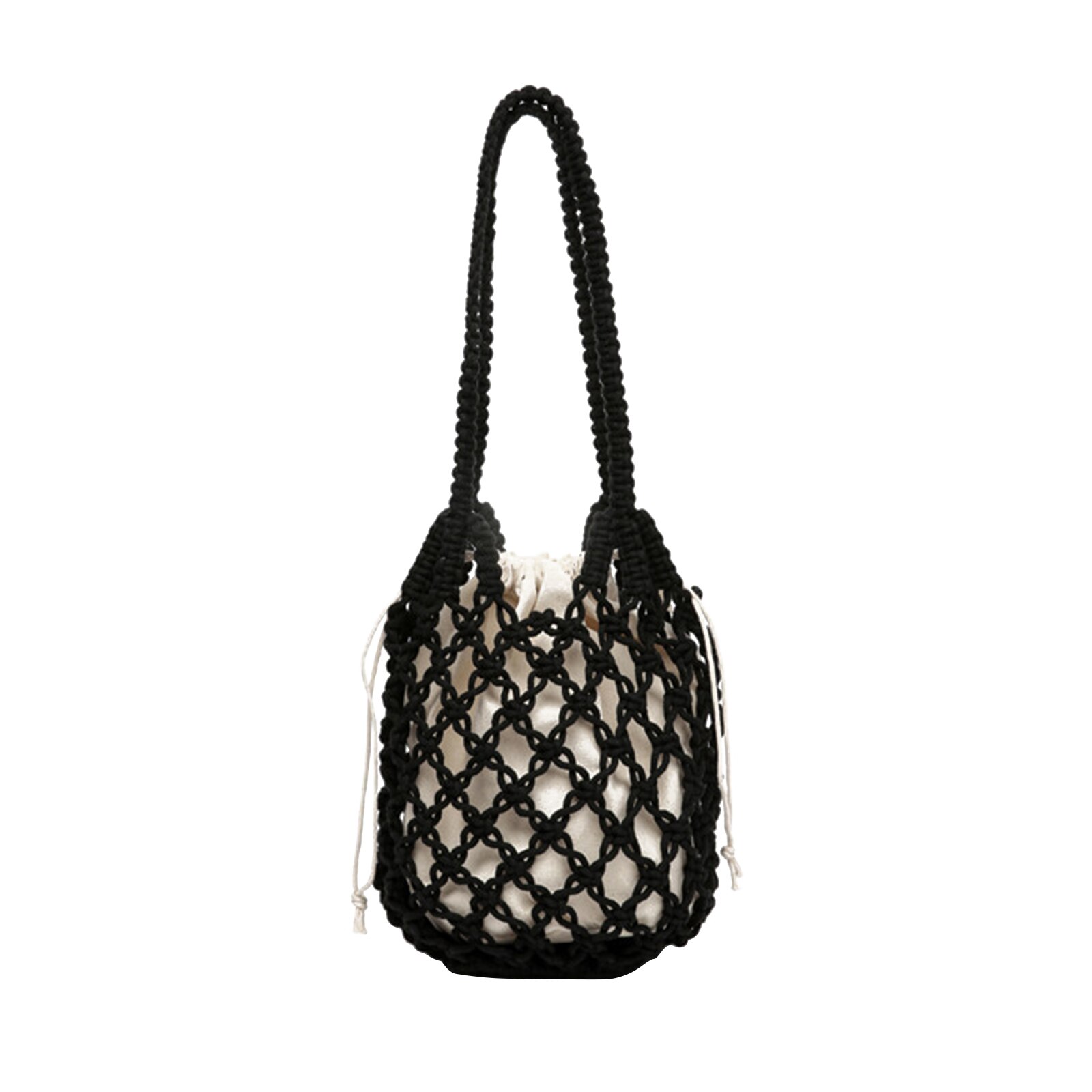 Zomer Holle Geweven Schoudertas Effen Kleur Lichtgewicht Casual Wild Emmer Purse Handtas Met Innerlijke Trekkoord Zak: Black