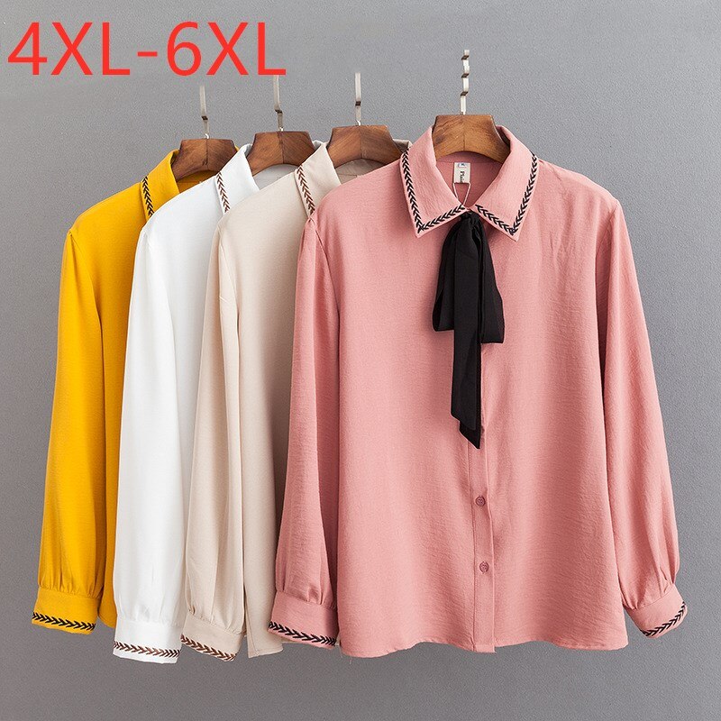 Dames Lente Herfst Plus Size Tops Voor Vrouwen Blouse Grote Casual Lange Mouw Boog Losse Roze Geel Shirt 4XL 5XL 6XL