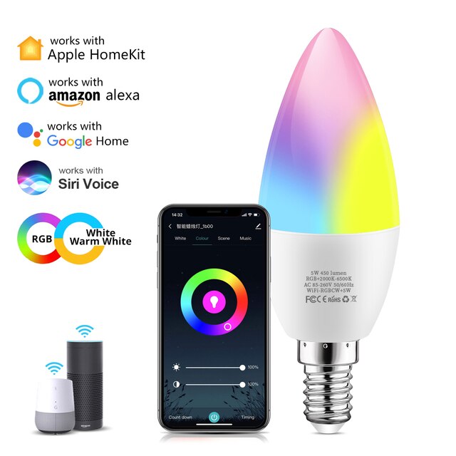 Homekit Smart LED Bulb GU10 E27 E14 RGBCW MFI Certified Dimmable Siri Control Night Lamp Work With Apple Home Alexa Google Home: E14 Bulb / 2 Piece
