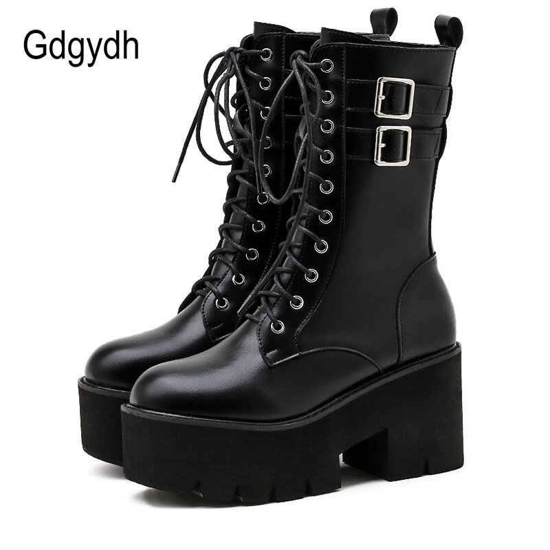 Gdgydh-Botines de motocicleta con plataforma para mujer, calzado Oxford de cuero negro con cordones, estilo gótico, para primavera,