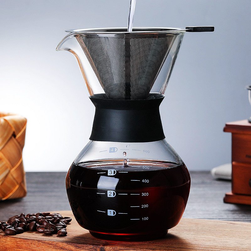 Kaffekanna med 600ml glas med filter i rostfritt stål, droppbryggning, bryggare, kaffekanna, droppare, barista, häll över kaffebryggaren: 600ml filter