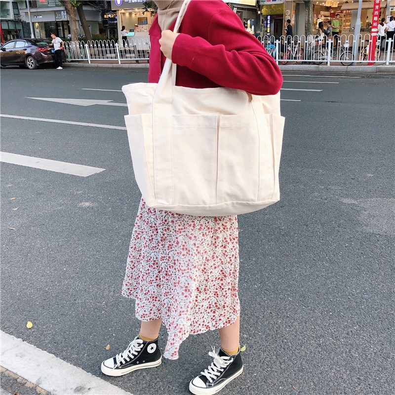 Ins lazy wind multi-pocket canvas bag large capacity commuter single shoulder tote bag female student large tote