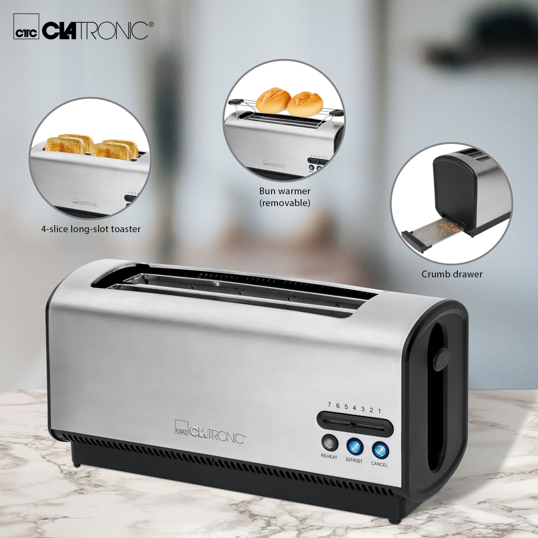 Clatronic TA 3687 Toaster Brot, 4 Scheiben weit Slot, getoastet eben Regler, 3 Funktionen, wärmt Rollen 1200W Silber-