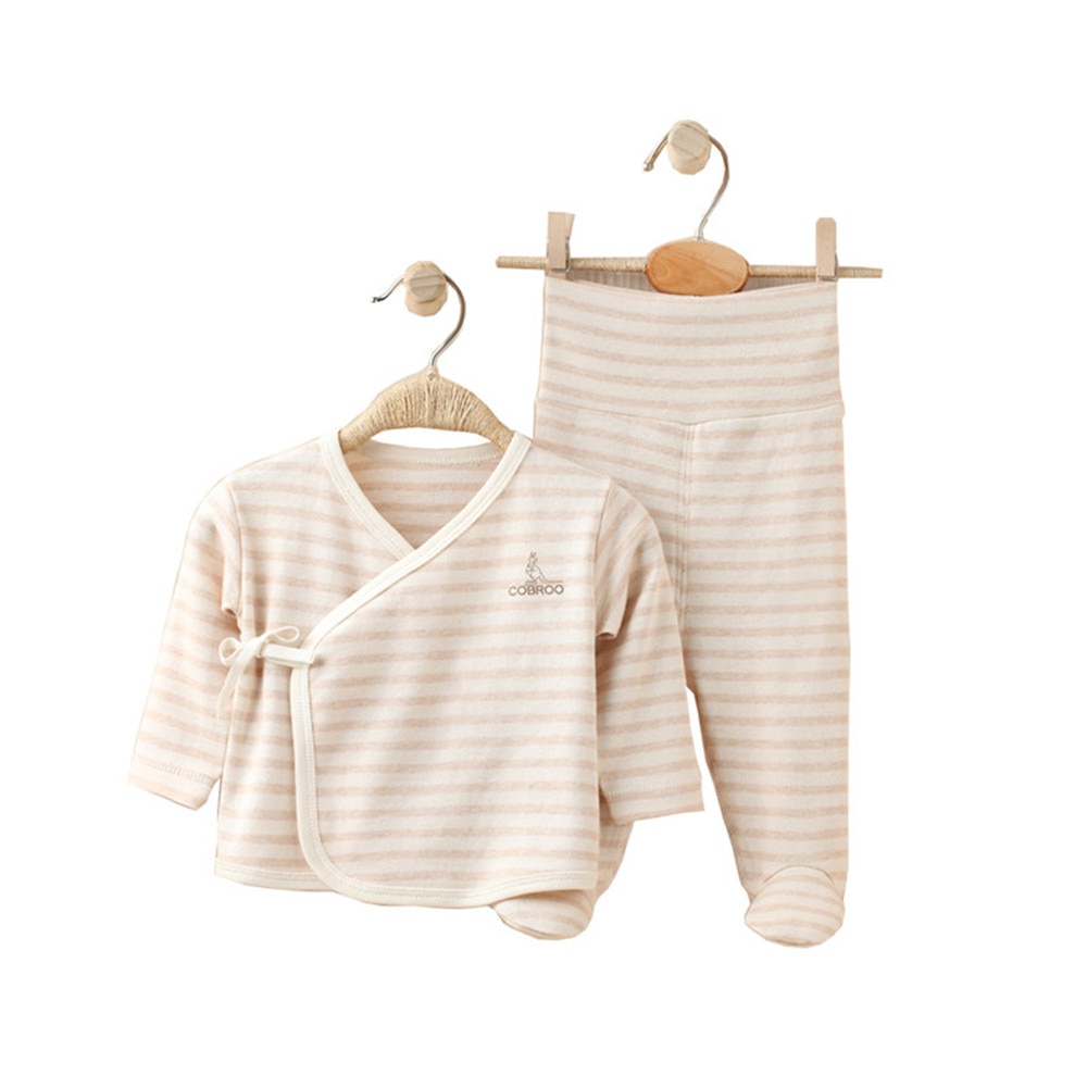 Cobroo 100% Katoen Pasgeboren Baby Pyjama Set Met Gestreept Patroon Lange Mouwen Baby Kimono Broek Set 0-3 Maanden