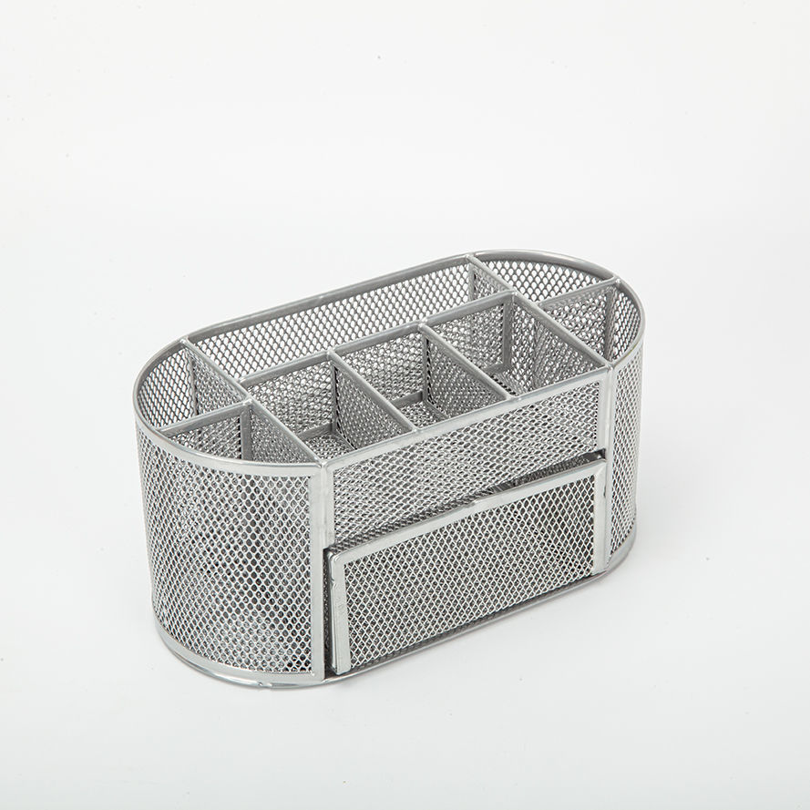 Metal Mesh Desk Organizer Desktop Office Organizer Storage Holder Desktop Pencil Pen Sundries Badge Box Stationery Supplies: silver 9 grids