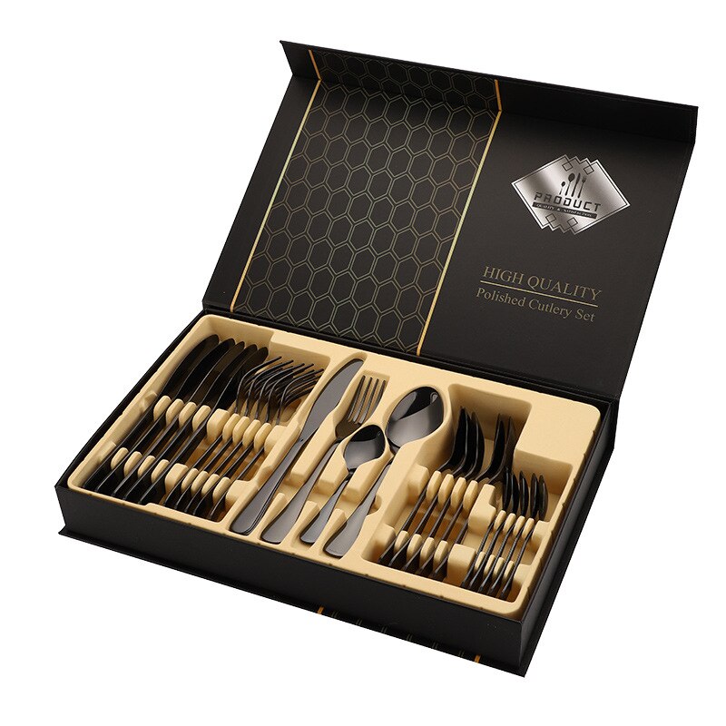 24pcs Gold Tableware Set Stainless Steel Knife Fork Spoon Dinnerware Box Cutlery Set Kitchen Flatware Tools Housewarming: 1010-black