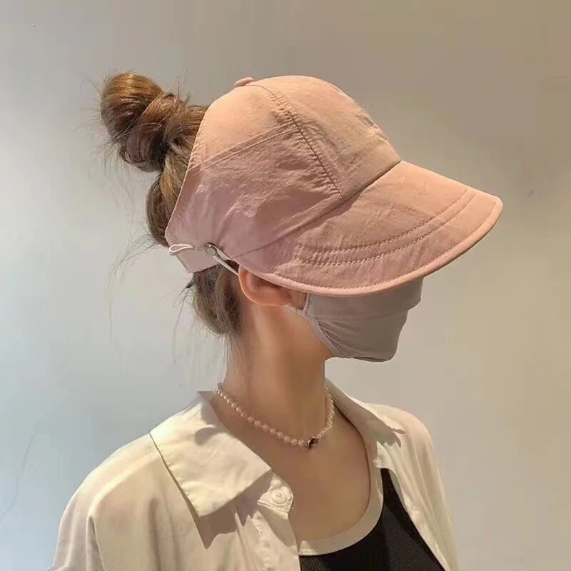 1 Stuks Opvouwbare Brede Rand Paardenstaart Zonnehoed Zomer Sneldrogende Uv-bescherming Emmer Hoed Voor Vrouwen Visser Caps met Masker Knop: Roze