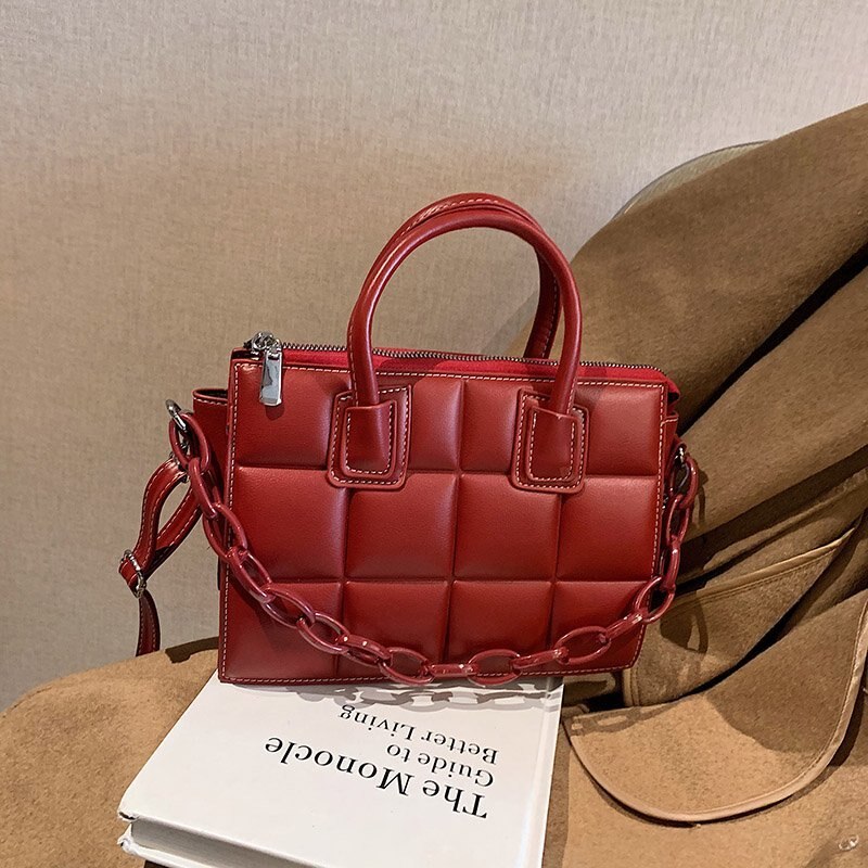 OLSITTI Lattice Pattern Leather Shoulder Bags for Women Minimalist Retro Female Handbag Crossbody: Red