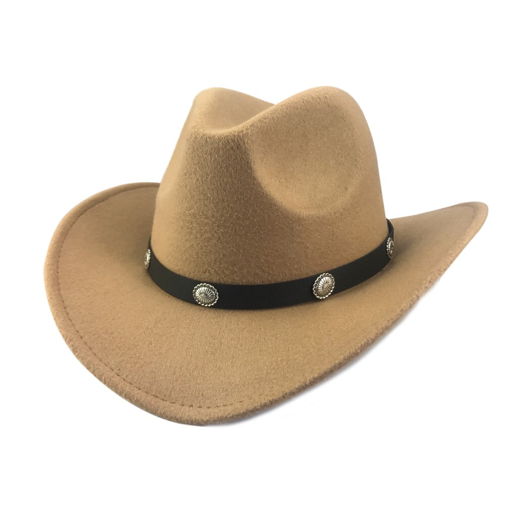 YY-gorra clásica de vaquero occidental para hombre y mujer, sombrero con cinturón de cuero pu, gorros de Jazz para vaquera, 9 colores, CB20070: Camel Cowboy Cap