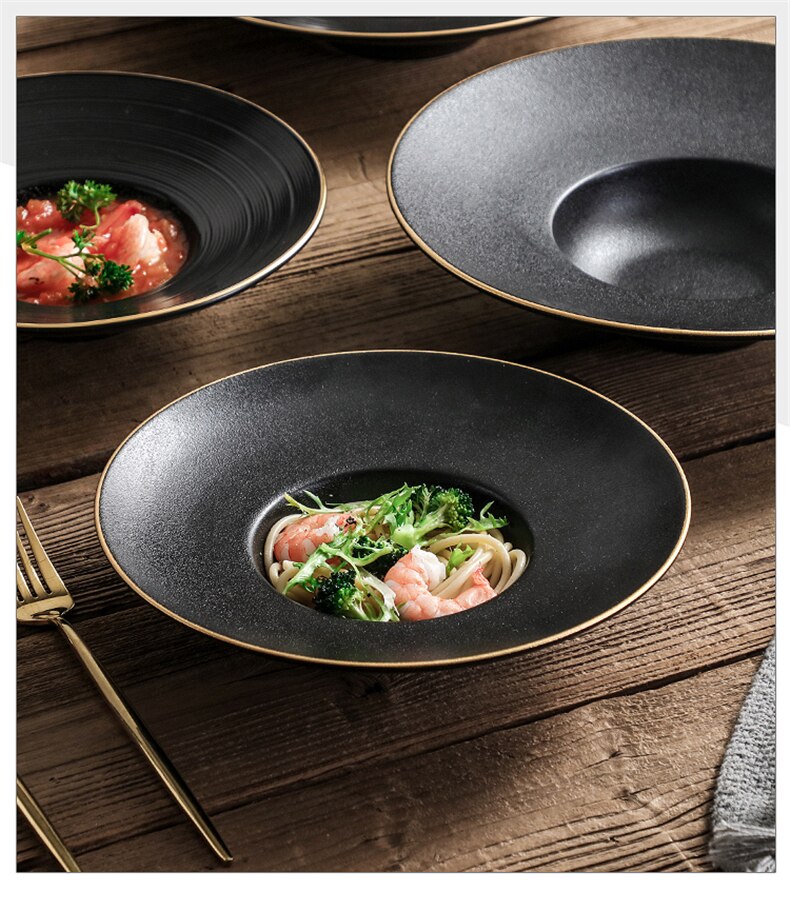 European breakfast Western plate simple black pasta plate household dish ceramic soup plate straw hat plate