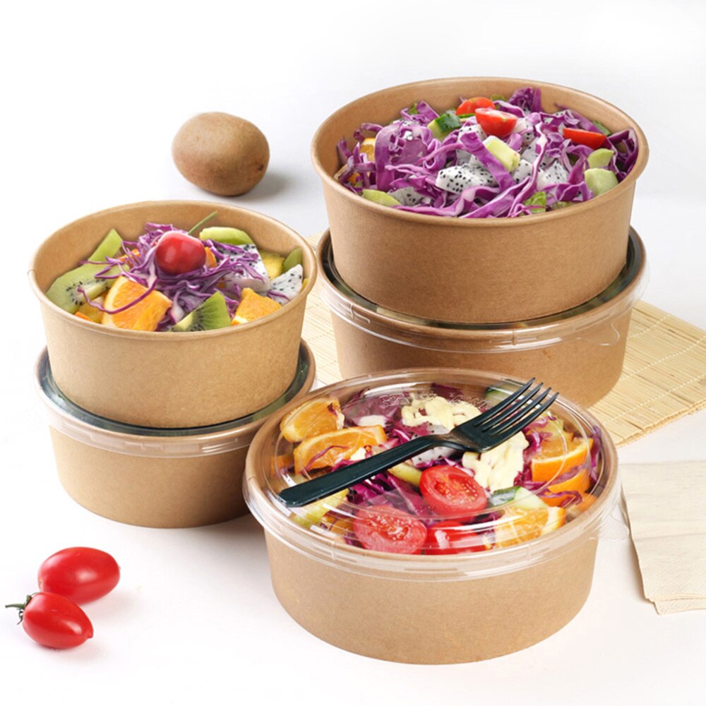 20pcs Disposable Kraft Paper Bowls Fruit Salad Bowl Food Packaging Containers Party Favor (16oz, with Lid)