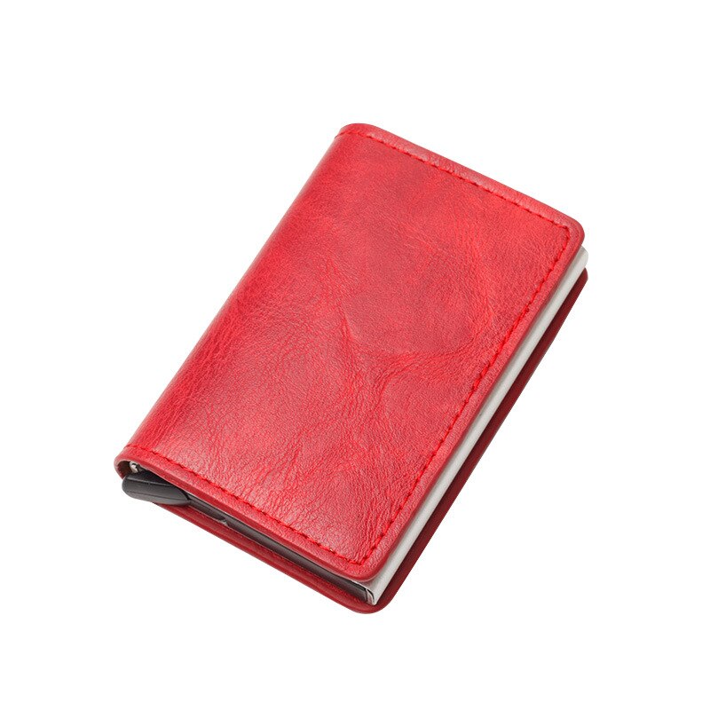Anti-rfid visitekaartjeshouder rood/zwart/geel/bruin/blauw pu leer + legering creditcardhouder hoesje kaarten komen automatisch omhoog