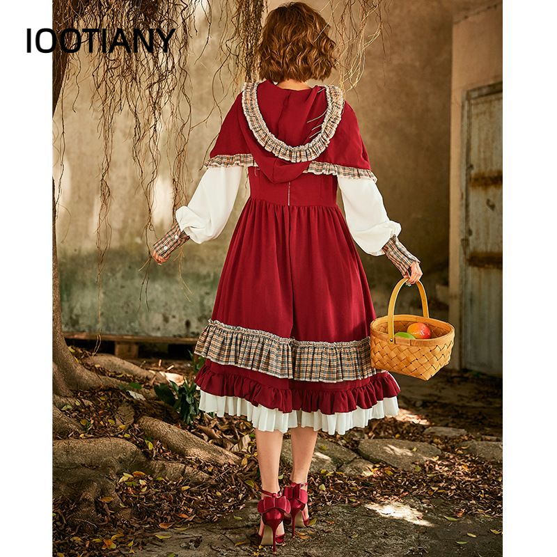 IOOTIANY Lace Patch Lolita Little Red Riding Hood Long Dress Cosplay Costume Suit With Cape for Girls Woman Party Costumes 2024