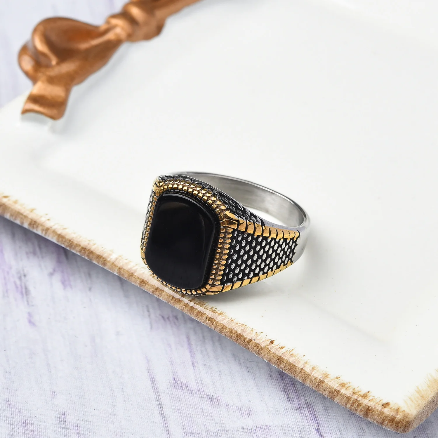 Herren hochwertige 316l edelstahl onyx vergoldete ringe klassiske modetrend schmuck produkt