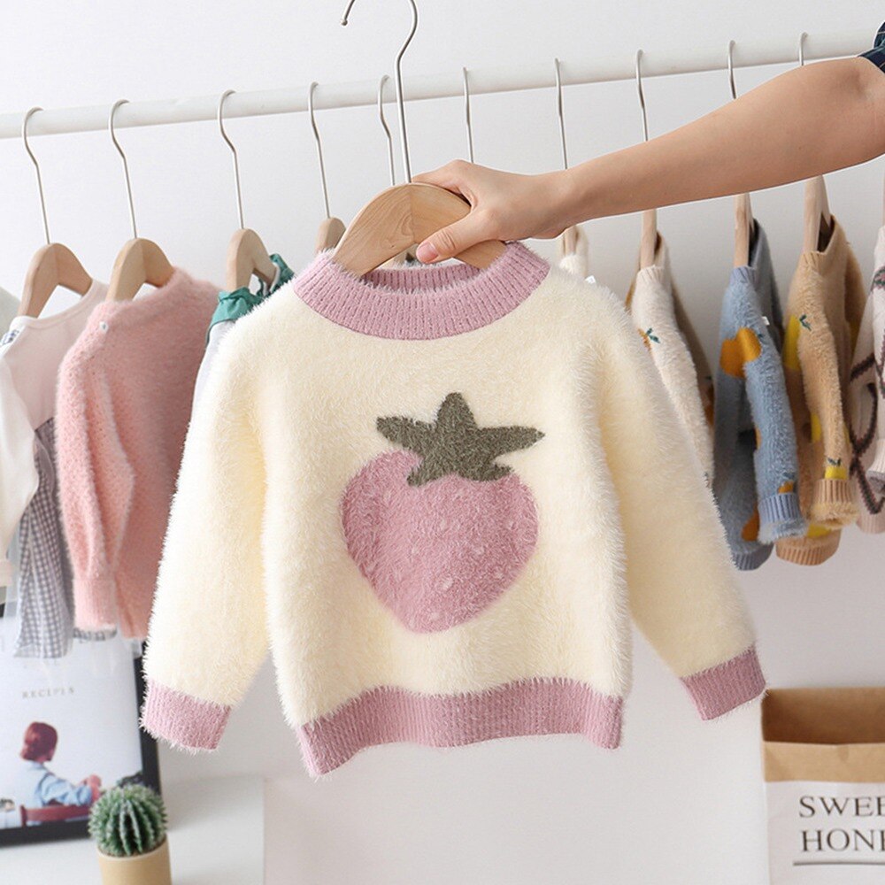 Efterår vinter piger børn jordbær strik strikning kint o-hals langærmet sweater toppe outwear  s9508: Beige / 18m