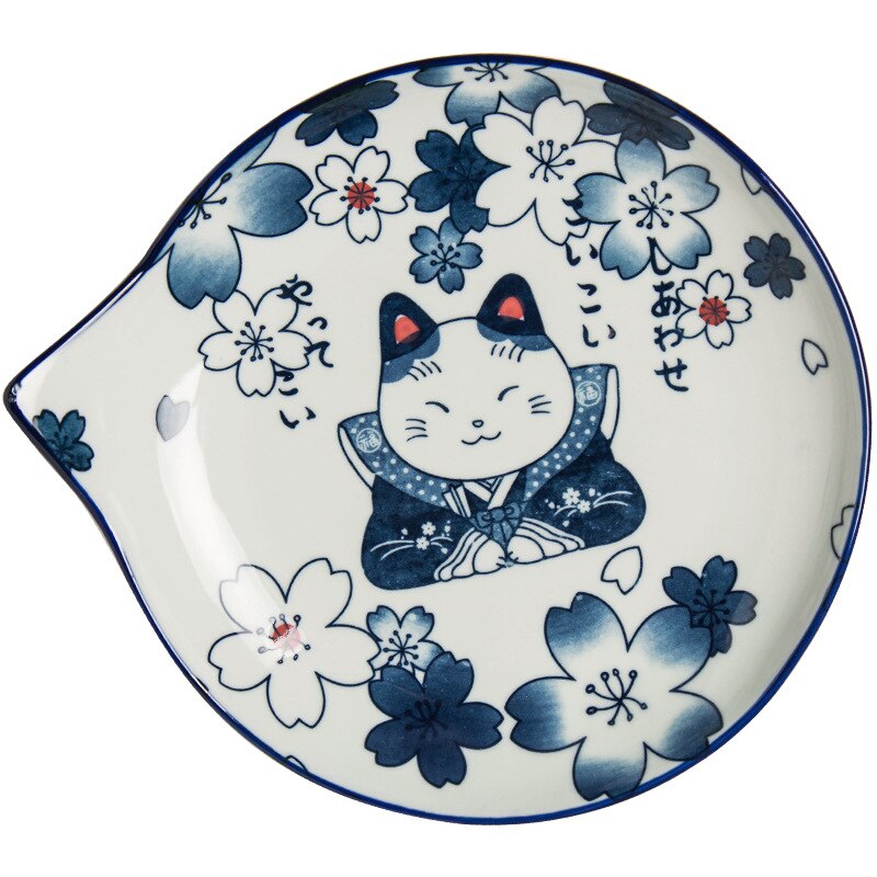 Assiettes en forme de larme en céramique de Style japonais ensembles de vaisselle de fruits dessin animé mignon motif de chat chanceux