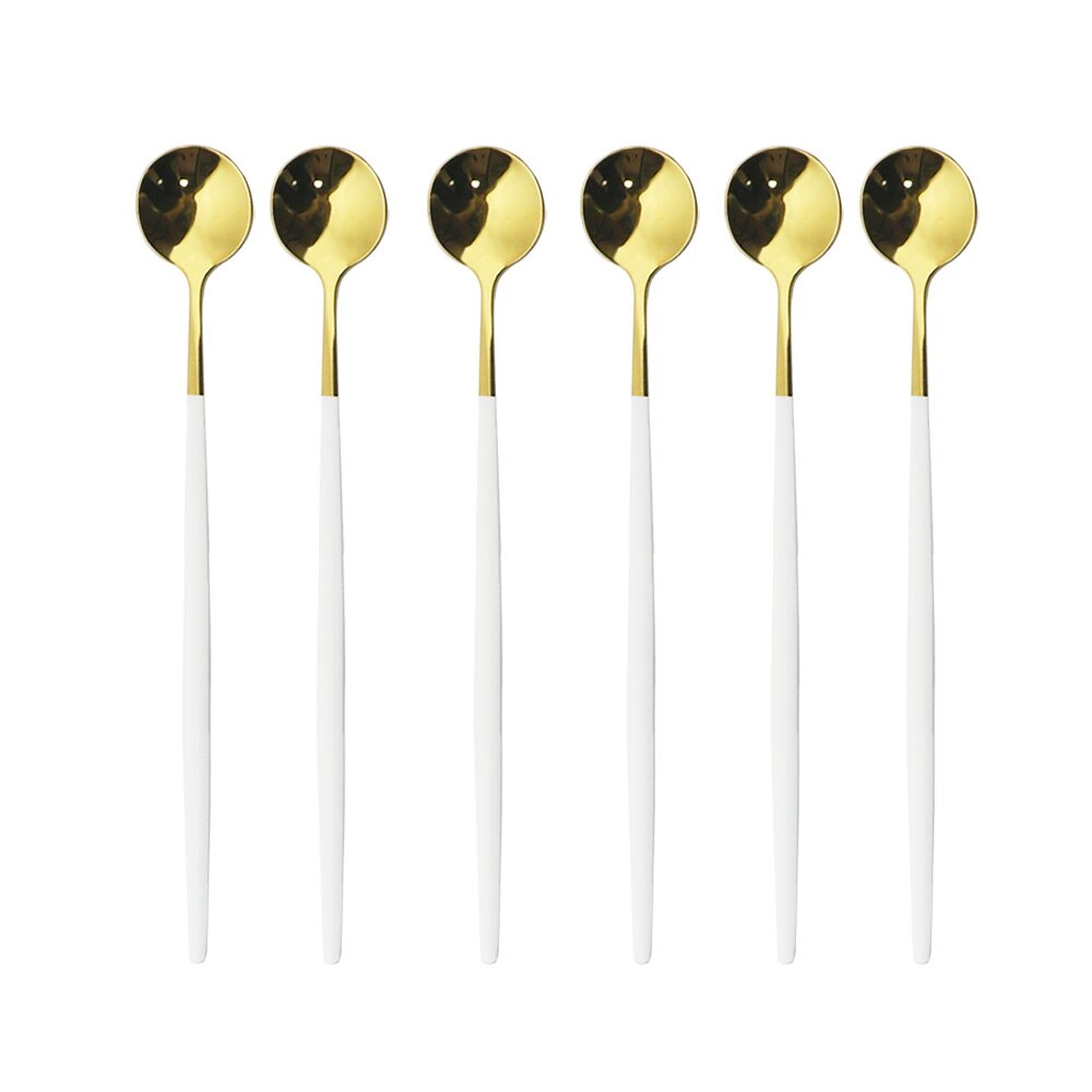 6Pcs Rainbow Long Hangdle Spoon For Polished Stirring Drink Dessert Ice Cream Spoon Cutlery Flatware Steainless Steel Tableware: White Gold