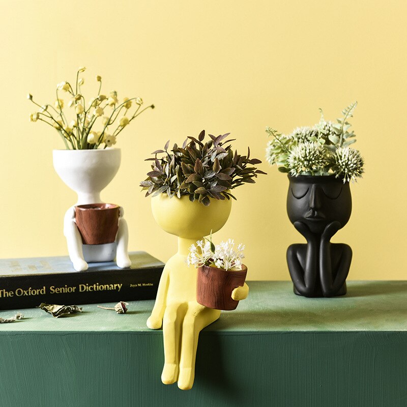 Humanoid keramik urtepotte karakter siddende stilling skulptur vase desktop blomsterarrangement container sukkulenter plantepotte