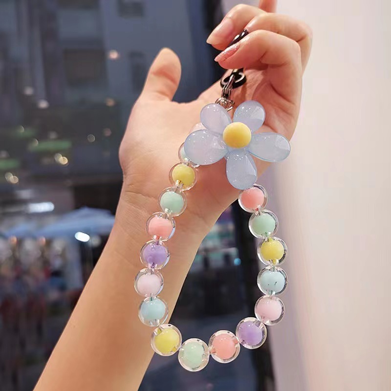 Korean Colorful Flower Beaded Mobile Phone Charm Strap Chain Lanyard Women Girl Jewelry Phone Holder Beads Pendant: black