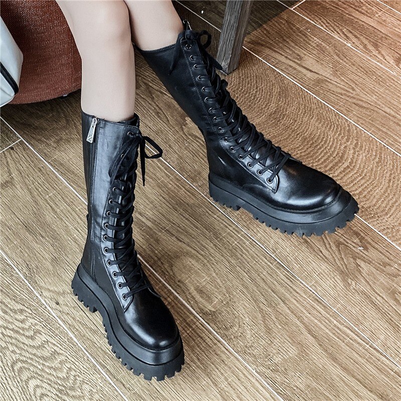 Plate-forme Bottes Mi-mollet Bottes En Cuir pour Femme À Lacets Chunky Semelle Bottes Femmes Chaussures D'hiver
