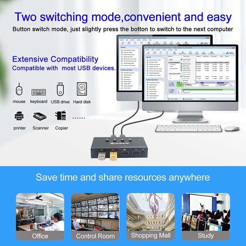 USB KVM Switch USB 2.0 Switcher for Keyboard Mouse Printer 4 in 4 Out Port Sharing 4 Device USB Power USB Hub
