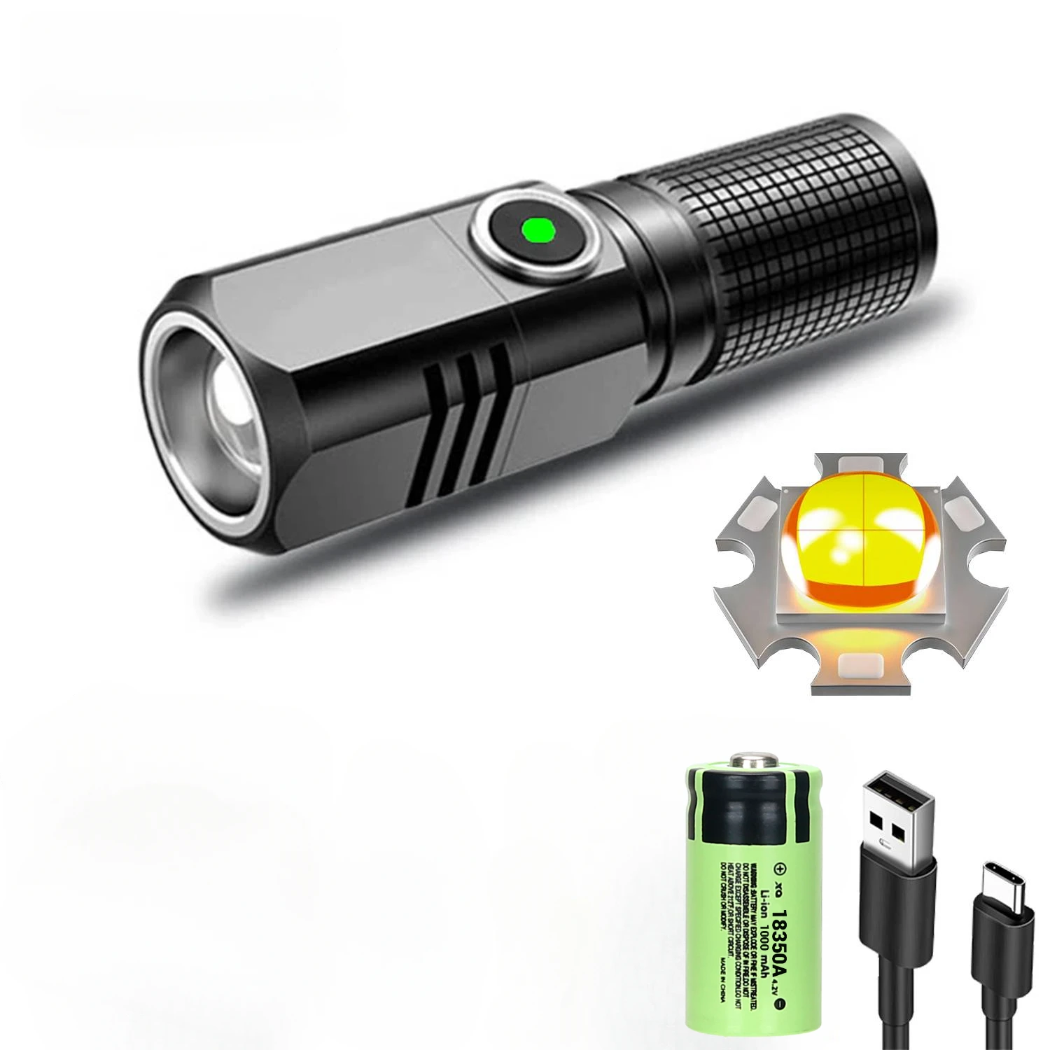 mini-lommelykt xhp 50 ledet usb c oppladbar 16340 18650 batterilommelykt 1500lm kraftig lommelykt kan lukkes med ett klikk: Gul