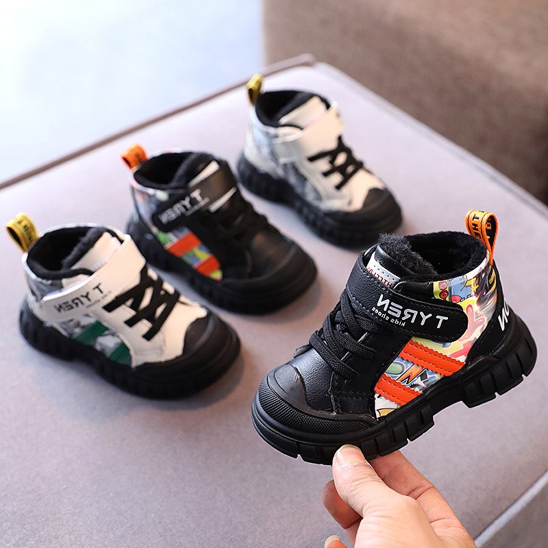 Winter Toddlers boots,Children plush sneakers shoes for kids boys suitable 1 to 6 years boy rubber sole black & beige