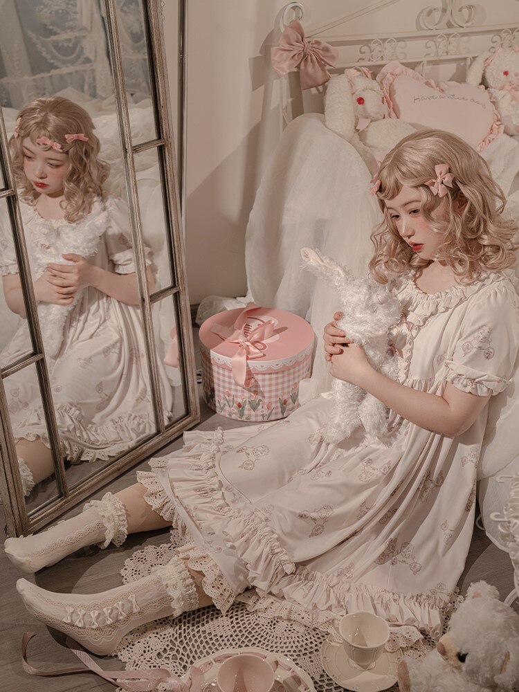 Kawaii śliczne Lolita bielizna nocna koszula nocna Lolita zestaw koszula szorty gwiazda księżyc piżamy sukienki zestaw z krótkim rękawem słodkie ubrania domowe