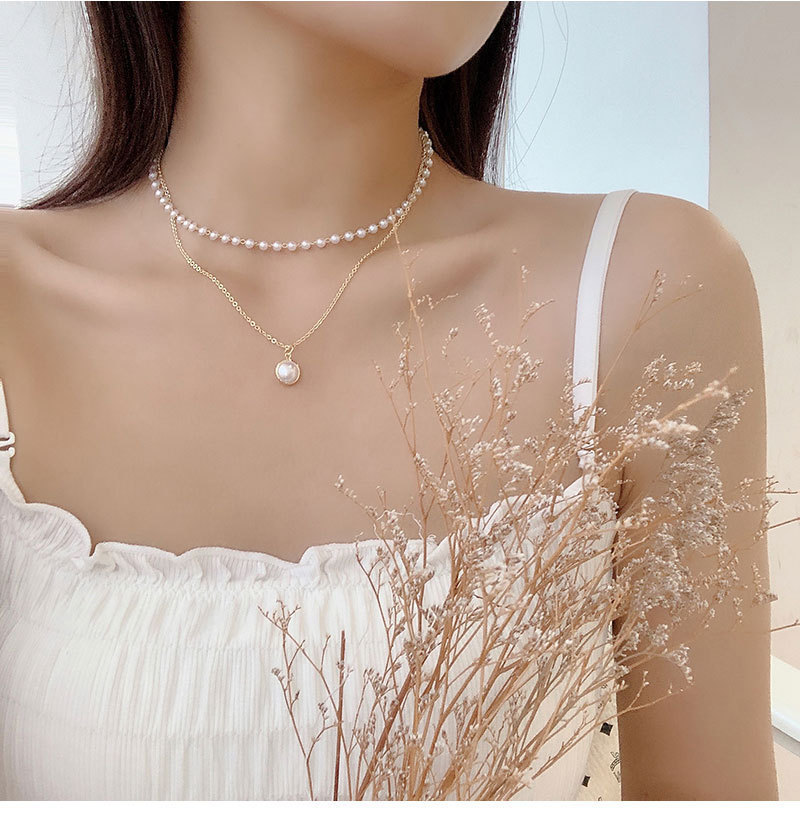 Lente En Zomer Mode Eenvoudige Parel Ketting Cool Niet-mainstream Double Layer Ketting Dames Zoete Parel Choker