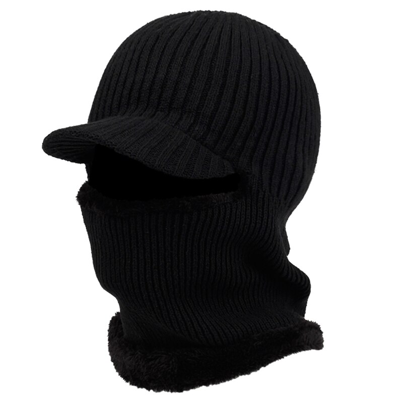 Men Winter Knitted Balaclava Beanie Hat with Windproof Visor Thermal Plush Lining Neck Warmer Cycling Ski Mask Hood Cap: Black