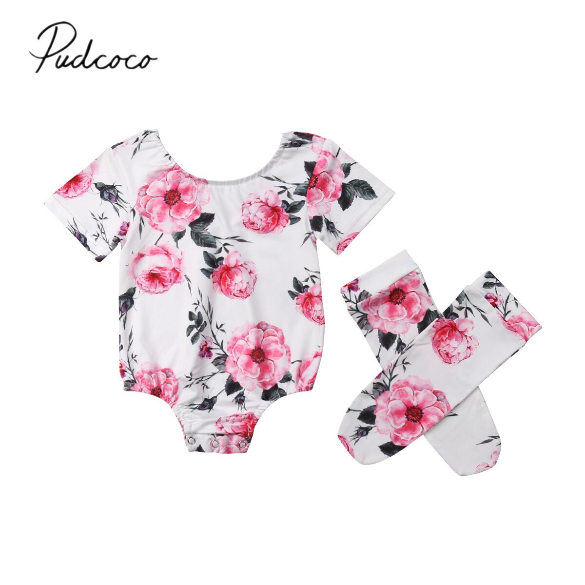 Brand Newborn Infant Kids Baby Girl Boy Clothes Sets Bodysuits 2PCS Short Sleeve Floral Print Jumpsuits+Long Stockings