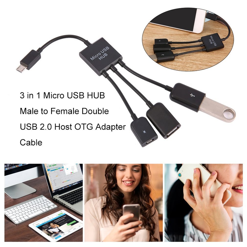 3 in 1 Micro USB HUB Man-vrouw Dubbele USB 2.0 Host OTG Adapter Kabel Converter Extender Universele Voor mobiele Telefoons Zwart