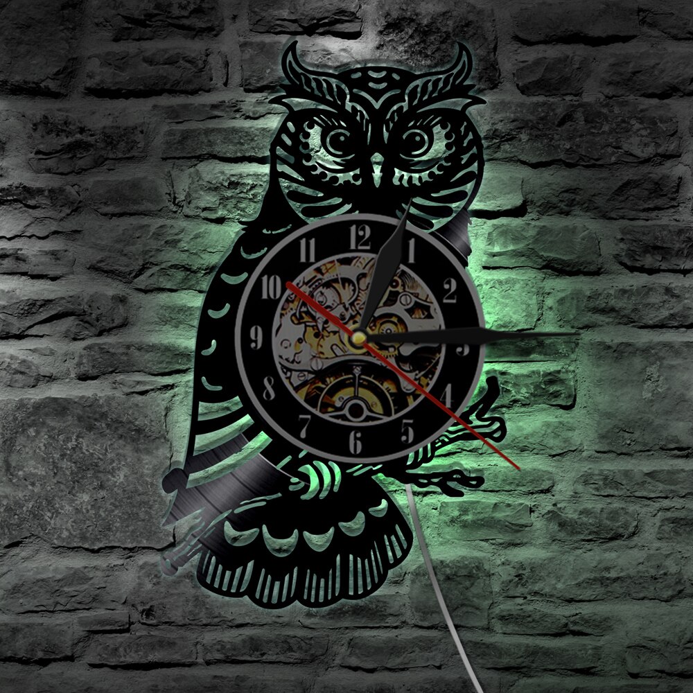 Chouette Horloge Murale Hibou Disque Vinyle Horloge Murale avec LED Lumière salon Décoration de La Maison reloj de épurée relojes