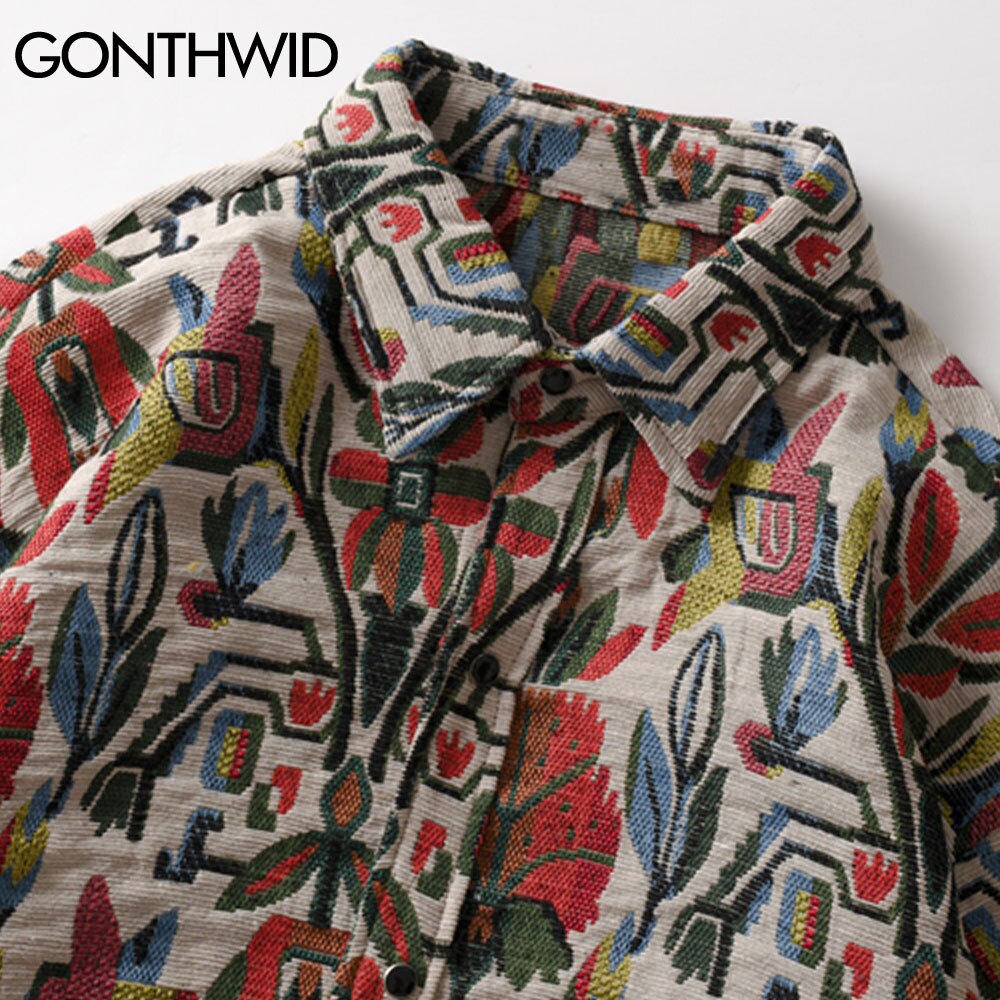 Gonthwid sydvestlige aztec tribal indian button shirts streetwear hip hop afslappet blomster mønstret langærmet shirt frakker toppe