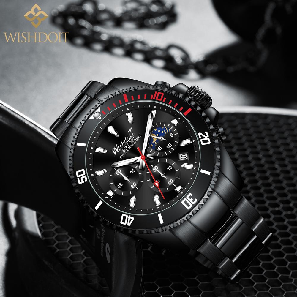 WISHDOIT-nuevos relojes para hombre, lujosos, a la , luminosos, a prueba de agua, cronógrafo, fase lunar, calendario, reloj de cuarzo de acero inoxidable