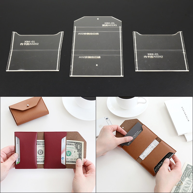 Plantilla plegable de acrílico para billetera, herramienta de artesanía de cuero, hecho a mano, con patrones acrílicos, 3 uds.