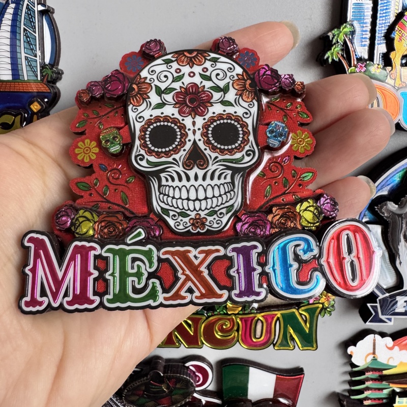 Imanes de nevera, recuerdo turístico, Cancun, México, Dubái, Helsinki, Finlandia, Hakone, Tokio, Japón, Chile, papel de aluminio, pegatinas de decoración de madera