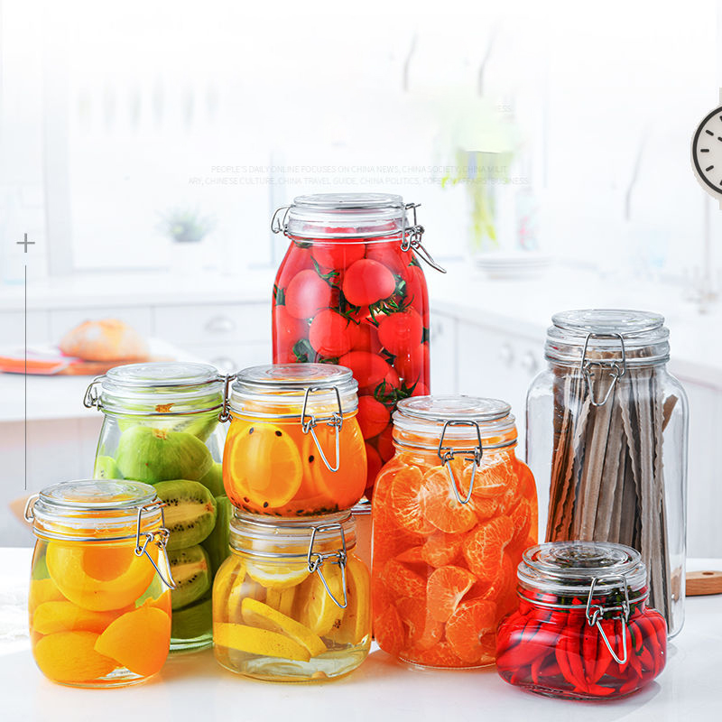 Botella de vidrio sellada para cocina, tarro de almacenamiento para alimentos, pepinillo, fruta enlatada, transparente, boca grande, para el hogar