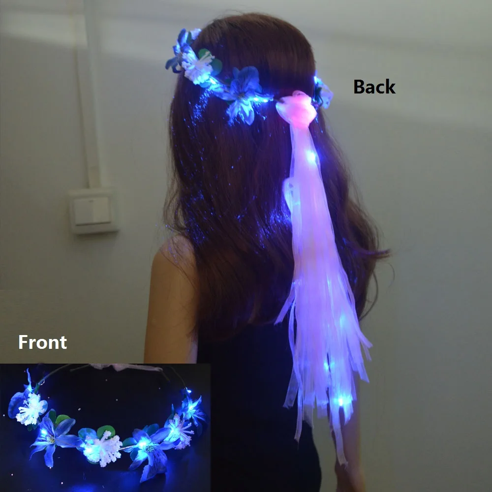 Women Girl Glow Party LED Hawaiian Lei Headband Light Up Flower Ribbon Crown Birthday Wedding Festival: DARK GRAY