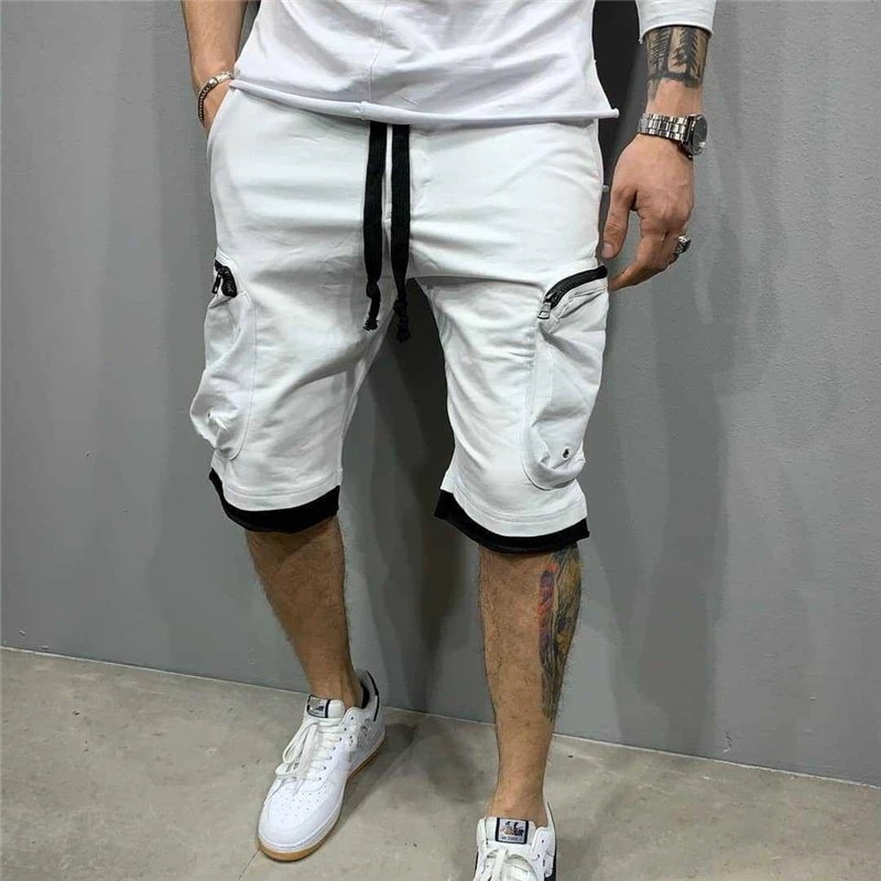 Calça de moletom solta masculina, calçsom curtas para corrida, streetwear esportivo de Fitness, bolso múltiplo, novidade verão,: Xxxl / Hvit