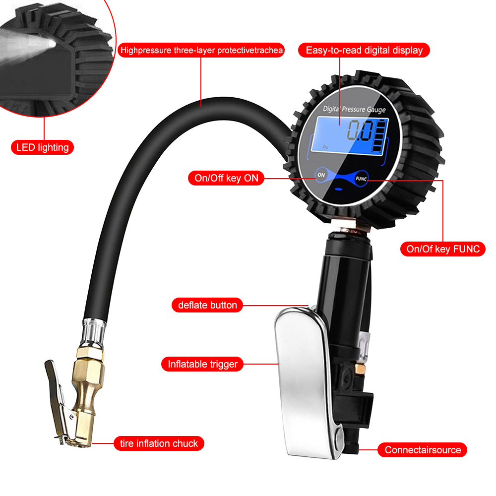 Inflation Monitoring Manometer Aluminum Alloy Air Line Clip-on Tyre Pump Tire Pressure Inflator Gauge Universal LCD Digital