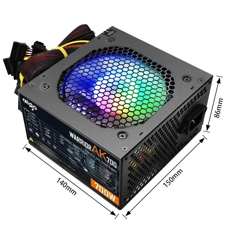 Aigo AK 700W PC PSU alimentatore nero Gaming silenzioso 120mm RGB Fan 24pin 12V ATX alimentatore per Computer Desktop per BTC