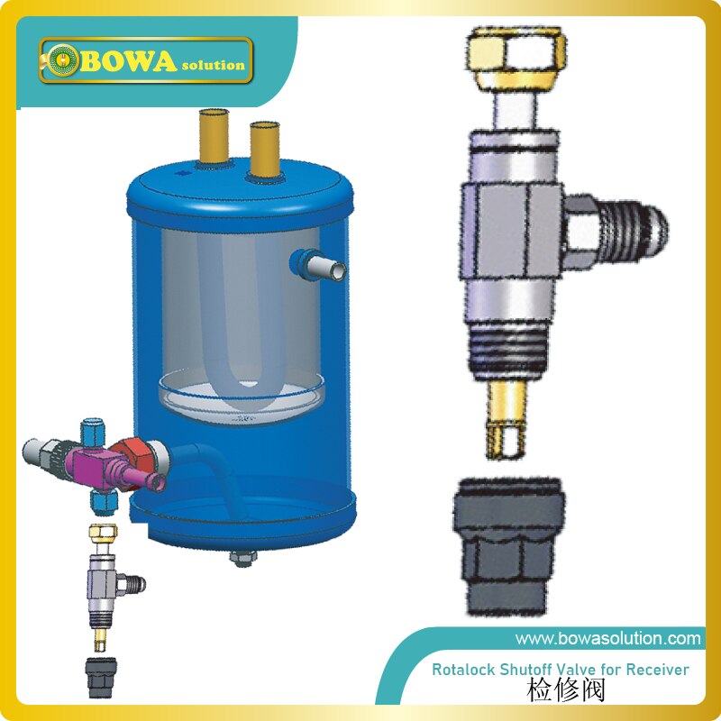 Vertical Rotalock shutoff valve is usually working together with angle valve of liquid refrigerant reciever for charging, etc.