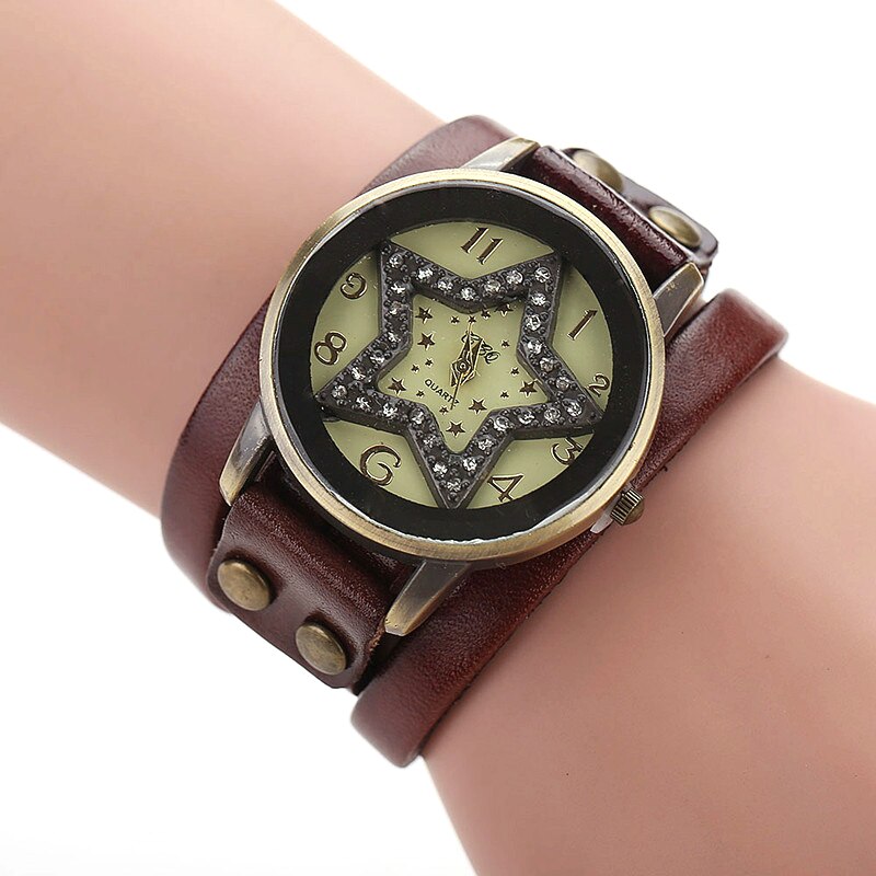 Jessingshow Dames Quartz Horloge Eenvoudige Digitale Wijzerplaat Mode Vijfpuntige Ster Lederen Band Horloge Casual Wear Klok Reloj Mujer: Dark Brown