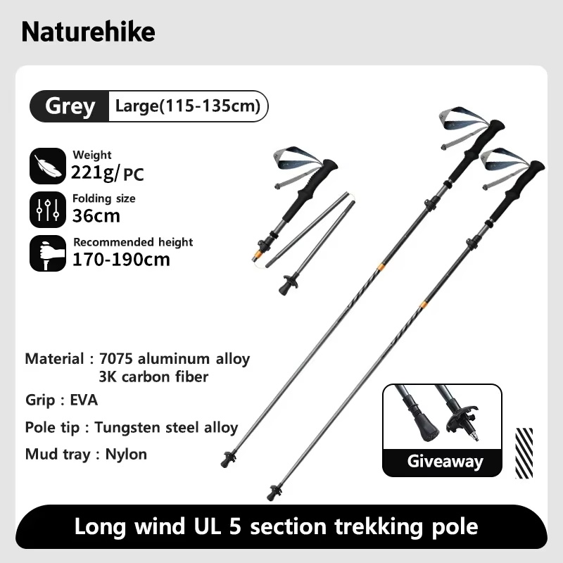 Naturehike Long Wind Trekking Poles Carbon Fiber 7075 Aluminum Alloy Five-section Folding Lightweight Walking Sticks Climbing: Clear